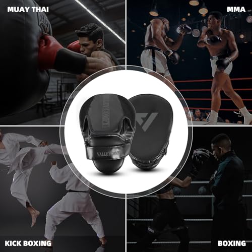 Valleycomfy Boxing Curved Focus Punching Mitts,Leather Boxing Pads for Men,Ideal for Boxing Training,Muay Thai,Kickboxing,Martial Arts,Black