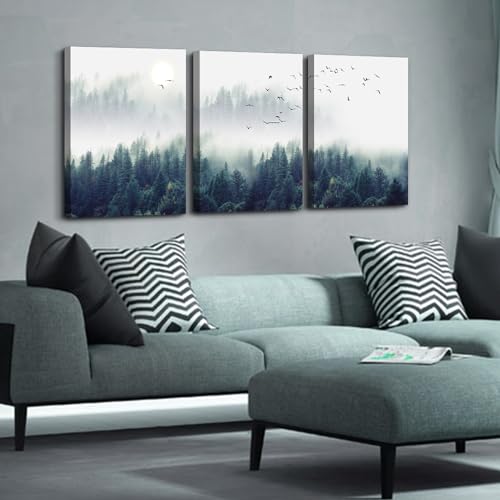 DZRWUBHS Modern Canvas Wall Art For Living Room Large Wall Decor For Bedroom Foggy Forest Trees Landscape Painting Home Decor Stretched And Framed Ready To Hang Pictures 3 Panels Wall Decoration