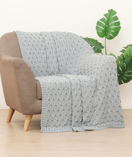 Image of Pluchi Kelly Knit Cotton Knitted Textured All Season AC Throw Blanket for Sofa (Luxurious,125cm X 150cm, 49 x 59 Inches) (Quarry Grey)