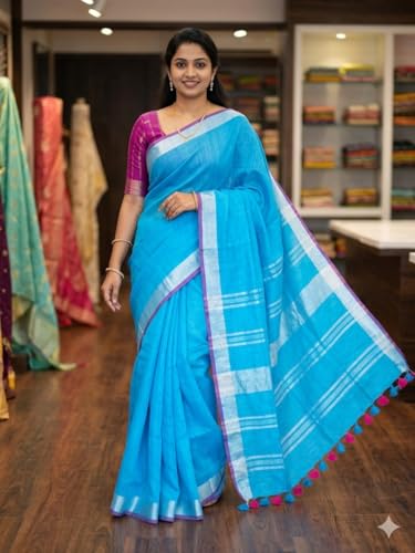 Image of STB-SILK TEXTILES BHAGALPUR Women's Linen Slub Saree With Contrast Blouse Piece