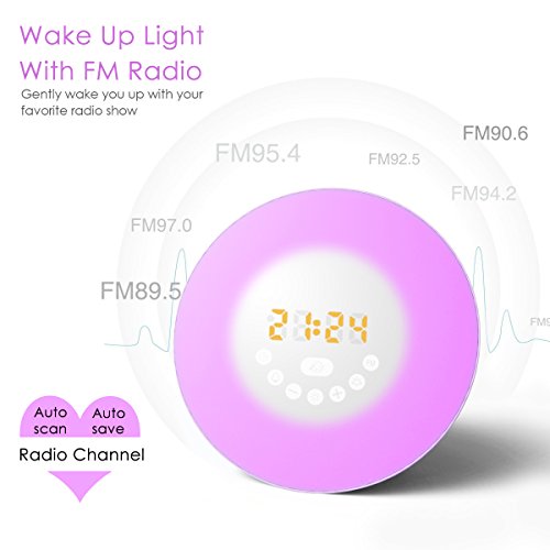 Sunrise Alarm Clock, Wake Up Light with 6 Nature Sounds, FM Radio, Color Light, Bedside Sunrise Simulator (White) - Thumbnail 3