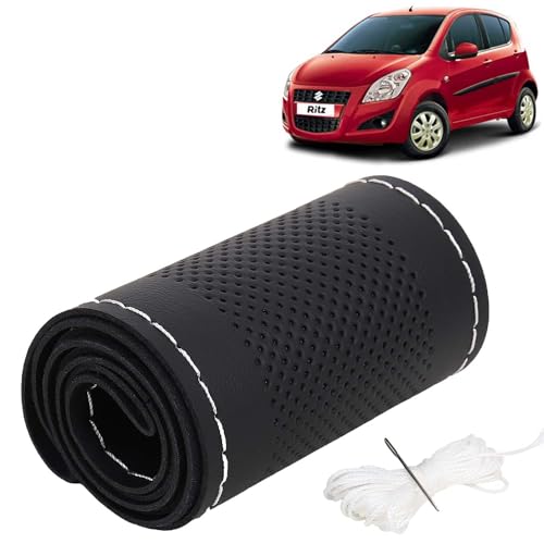 Image of KINGSWAY PU Leatherite Car Steering Cover Sewable Compatible with Maruti Suzuki Ritz (Year 2009-2015), Black Color with Silver Thread, Pack of 1 with Sewing Needle and Thread