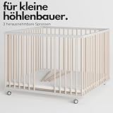 Sämann® Laufgitter 100x100 cm mit Matratze und Schlupfsprossen, stufenlos höhenverstellbar, Baby Laufstall, Buche, gummierte Rollen, Buche weiß/natur lackiert