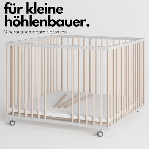 Sämann® Laufgitter 100x100 cm mit Matratze und Schlupfsprossen, stufenlos höhenverstellbar, Baby Laufstall, Buche, gummierte Rollen, Buche weiß/natur lackiert