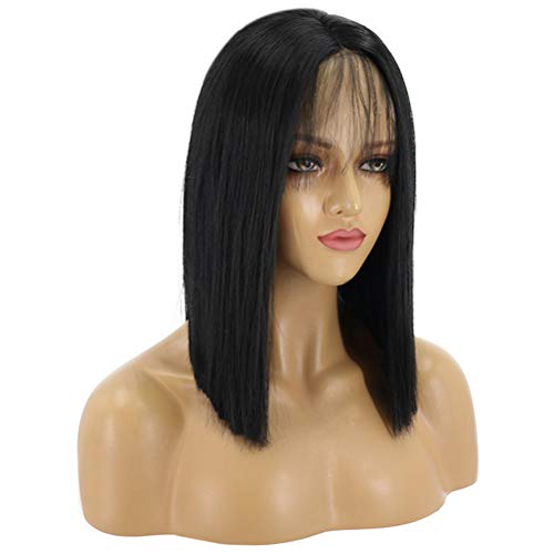 Lurrose Peruca feminina peruca de cabelo reto médio longo peruca preta elmo de renda de fibra químic