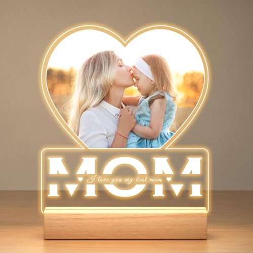 Image of SNAPTRAP Personalized MOM LED Acrylic Lamp with Photo | Customized Photo Gift for Mother | Night Lamp with Wooden Base | Birthday Gift for Mom | Mother's Day Gift | LED Photo Frame