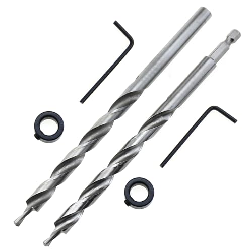 LUORNG 2PCS 3/8 Inch Pocket Hole Bit with Depth Stop Ring Replacement Twisted Step Bits for 1/4 Hex Shanks and Round Shanks High Speed Steel Drill Bit Skew Hole Locator for Wood Drilling and Punching
