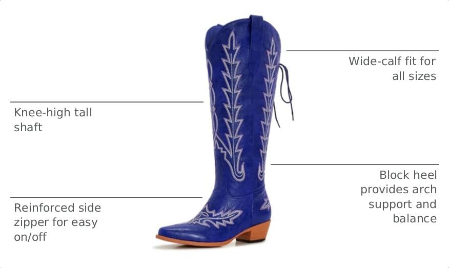 Image of Uillnoodu Wide Calf Cowboy Boots Women Knee High Tall Western Cowgirl Boots Adjustable Lace Up Plus Size Comfortable 2-Inch Heel