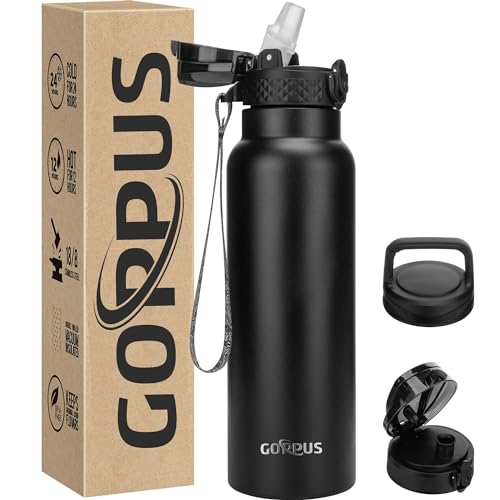 GOPPUS 750ml/26oz Stainless Water Bottle with Straw Double Wall Insulated Bottles with Strap Reusable Vacuum Thermal Flask Leakproof Keep Cold Drinks Bottles with Flip Top Lid for Men Women BPA Free