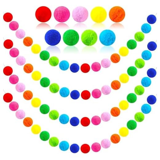 4 Pack 26.3 Feet Colorful Christmas Pom Pom Garland Decorations, 30 Balls Rainbow Felt Ball Garland Christmas Hanging Supplies for Xmas Tree Classroom Birthday Party Wall Decor (Colorful)