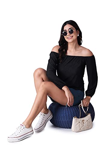 Image of POPWINGS Casual Wrinkle Off Shoulder Crop Top for Women - Designer Stylish Western Full Sleeves