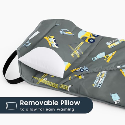 Image of Wake In Cloud - Cot Nap Mat with Pillow and Blanket, 100% Cotton Fabric, for Toddler Kids Boys Ages 3 Plus in Daycare Kindergarten Preschool with Elastic Corner Straps, Cars Cranes Trucks