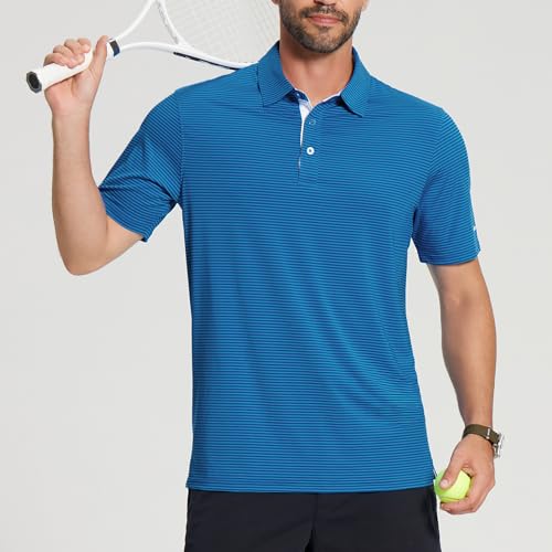 Image of Golf Shirts for Men - Dry Fit Moisture Wicking Short Sleeve Performance Sport Casual Striped Collared Mens Polo Shirt