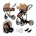 Passeggino 3 in 1,passeggino reversibile,telaio triangolare e doppia sospensione a molla,chiusura con un clic per neonati e bambini piccoli(cachi) immagine