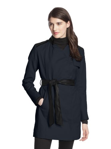 French Connection Women's Inverted Collar Contrast Trim Belted Trench Coat, Navy, X-Large