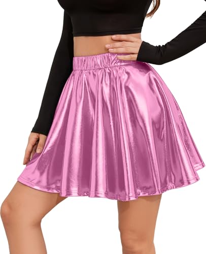 Brezzistaxs Shiny Pleated Mini Skirt Metallic Skater Skirt Great for Concerts and Cheerleader - Classic Style Sparkly Skirt (Large Pink)