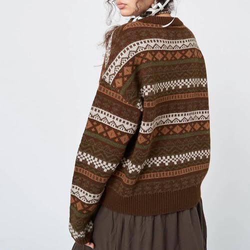 Image of Women Vintage Striped Pullover Sweater Y2k Long Sleeve Crew Neck Loose Knit Sweaters Fall Winter Knitwear