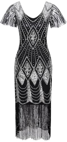 Image of 869A - Plus Size 1920s Vintage Fringed Gatsby Sequin Beaded Tassels Hem Flapper Party Prom Cocktail Dress with Accessories (Black Silver Diamond, 2X)