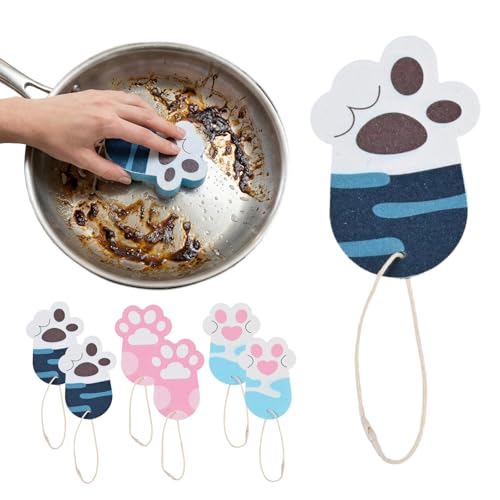 Set di 6 Spugne da Cucina Riutilizzabili in Spugna di Pasta di Legno Motivo Zampa di Gatto, Espansione in Acqua, Morbide per Piatti, Pentole, Bicchieri, con Cordino per Asciugatura e Conservazione