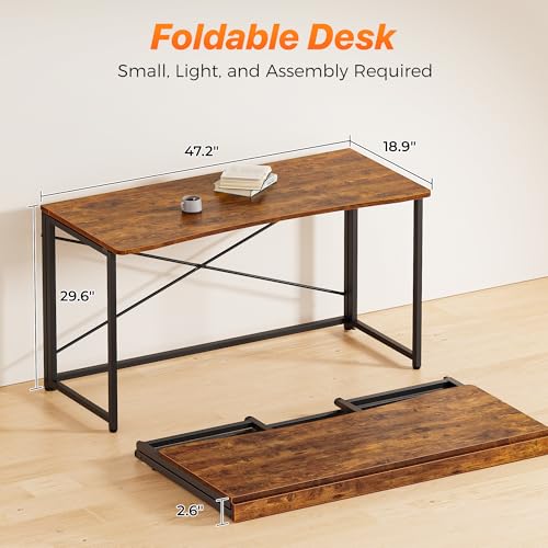 Image of Huuger Folding Desk for Small Spaces, 47.2 Inch Foldable Computer Table | Easy Assembly, Small Writing Work Office Computer Desk, for Home Office, Study, Bedroom, Dorm, Space Saving, Rustic Brown