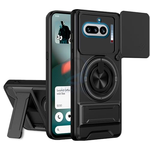 Image of AESTMO Nothing Phone 4A 5G Back Cover | Armor Camera Slider 360 Degree Rotating Finger Ring Holder Case with Bracket Stand & Camera Protection Back Case Cover for Nothing Phone 4A 5G (Black)