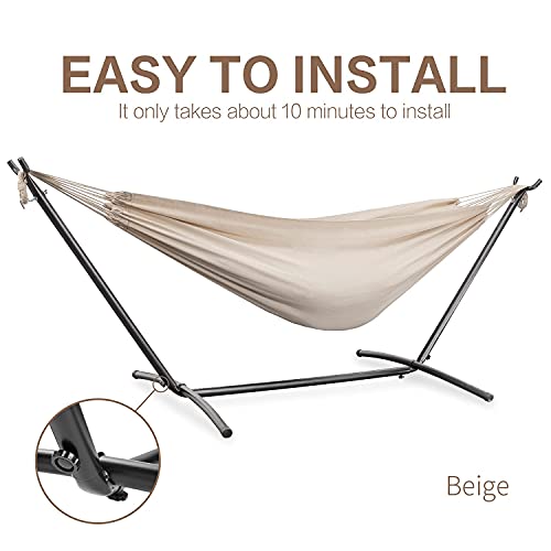 Pnaeut Double Hammock With Space Saving Steel Stand 2 Person Heavy Duty Garden Yard Outdoor 450Lb Capacity Hammocks (Beige) #TOP6
