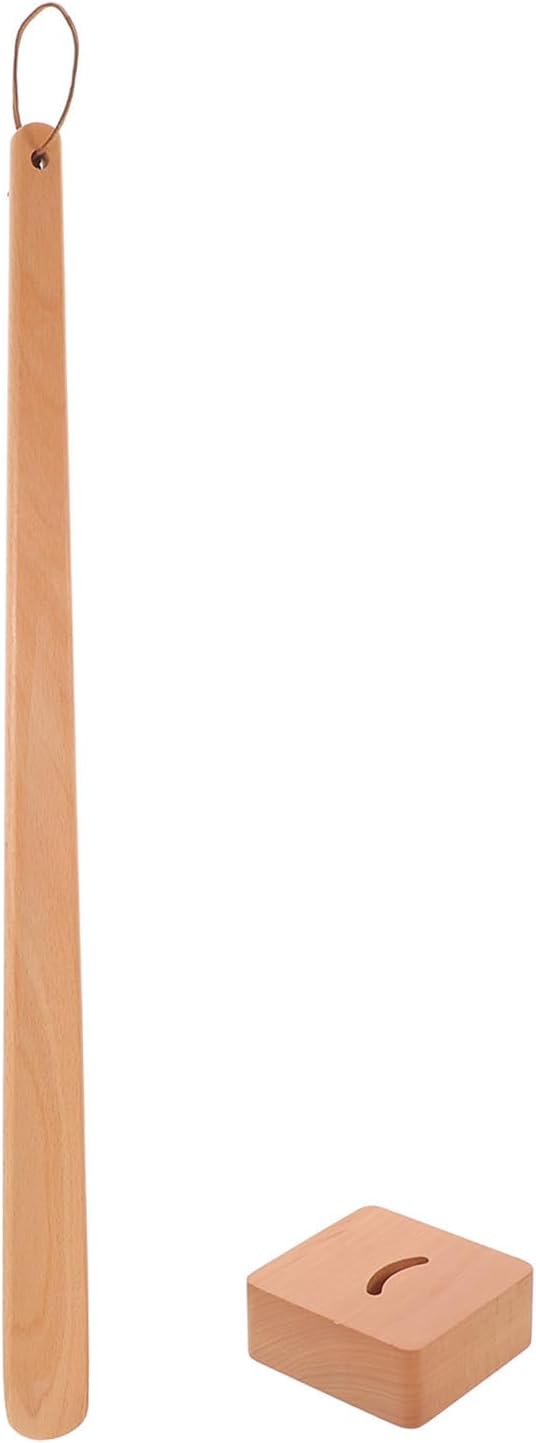 Wooden Long Handle Shoe Horn with Stand and String 22 Inch