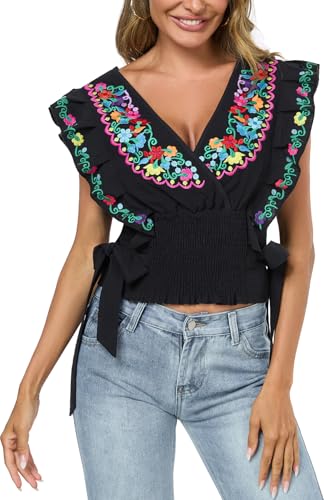 YZXDORWJ Women Mexican Embroidered Off-Shoulder Shirt Lace Falbala Top2