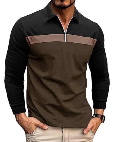 Image of Ryehack Men's 1/4 Zip Polo Shirt Long Sleeve, Raglan & Contrast Color - Casual & Golf T-Shirt, Black+Green, S