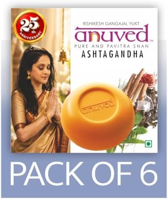 Anuved Ashtagandha Herbal Bath Soap Pack of 6 | 125g Each | Enriched with 8 Sacred Indian Herbs & Rishikesh Gangajal | Deep Cleansing, Nourishing, Refreshing & Long-Lasting Divine Fragrance | As Pure As Organic