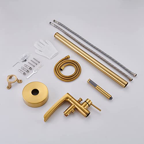 Qinkell Freestanding Tub Faucet Waterfall Bathtub Filler Brushed Gold Floor Mount Brass Bathroom Faucets With Hand Shower #TOP6