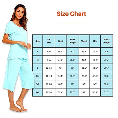 Women's Bamboo Pajamas Set Short Sleeve Soft Sleepwear Top Pjs Capri Pants Pajama Sets Nightwear Loungewear #TOP3