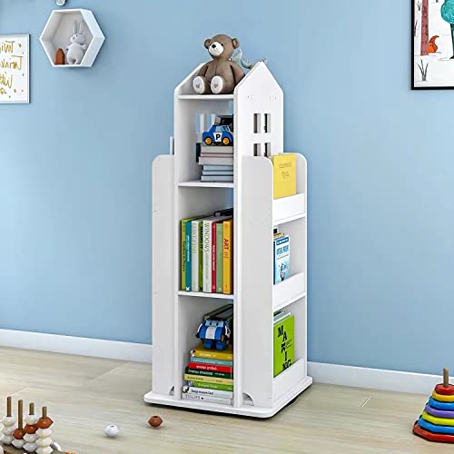 Image of mopam 360° Rotating House Bookshelf 3-Tier Floor Standing Revolving House Bookcase Book Storage Shelf Organizer for Home Office Decor, White