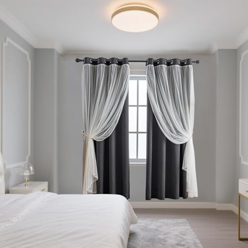 Image of Anytime Double Layer Blackout Curtains 2 Panels,52Wx84L,Black | Sheer And Fabric Window Drapes Grommet Top Solid Color Bedroom Living Room Home Decor