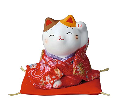 薬師窯 錦彩 ちりめん 招き猫(左手上げ)