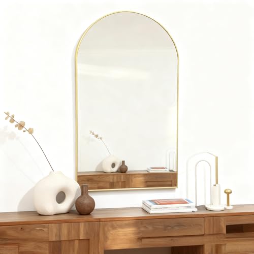 LIAMRA Minimalist arched wall mirror - gold metal frame, decorative mirror for bedroom, bathroom, hallway, entryway, modern arch-top design mirror for home decoration