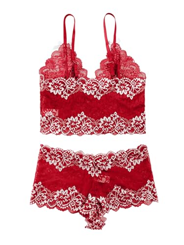 Image of Lilosy Sexy Lingerie for Women Lace Pajamas Set Cami Bra and Panty High Waist Sheer Sleepwear 2 Piece 2XS-6XL