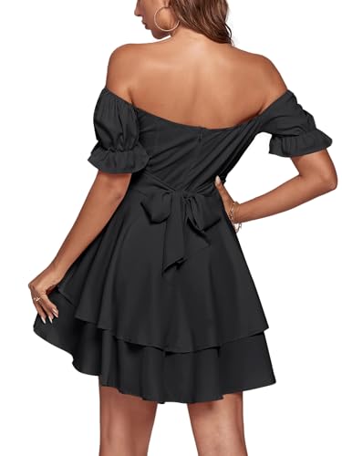 LYANER Women's Tie Back Off Shoulder Wrap Layer Ruffle Short Sleeve Mini Dress2