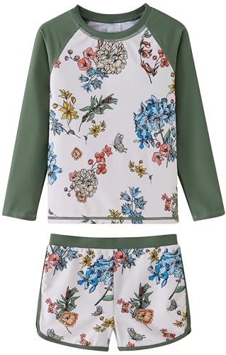 Image of UMELOK Girl Rash Guard Swimsuit 2-Pieces Long Sleeve Bathing Suit 4-12Years