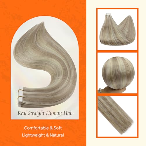 Full Shine Tape in Hair Extensions Human Hair 18 Ash Blonde Highlight 613 Blonde Double Sided Tape Extensions 12 Inch Invisible Straight Hair Extensions Tape Ins 30G 20Pcs Extensions for Women - Image 3