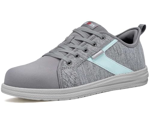 LARNMERN Slip On Steel Toe Shoes Women Work Walking Sneakers Skate Hands Free Safety Tennis Shoes 41440(8 Women Gray/Mint)