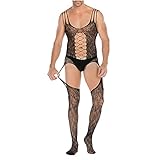 Mens Fishnet Bodystocking See Through Full Body Footed Pantyhose Sexy Mesh Sissy Bodysuit Lingerie for Sex