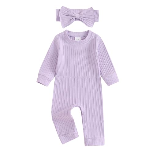 Image of Covvoliy Newborn Baby Girl Fall Outfits Long Sleeve Ribbed Romper Jumpsuit with Headband Set Infant Girl Clothes