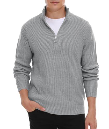 Image of Hisir Men's Jumpers 1/4 Zip Tops Winter Warm Knit Polo Neck Jumper Long Sleeve Soft Cozy Turtle Neck Quarter Zip Knitwear Pullover Sweaters for Men (09 Grey, M)
