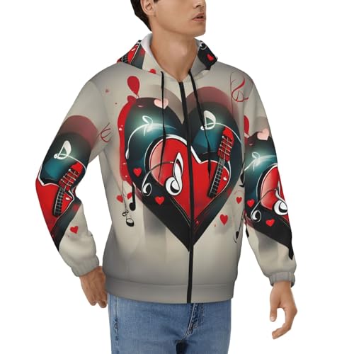 Sweat à capuche zippé homme noir imprimé musique et motif note de musique casual avec cordon