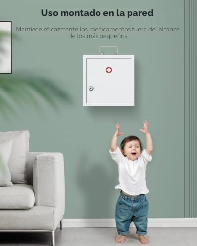 Miniatura 6 de Uniclife Gabinete De Medicina De Montaje En Pared Con Cerradura De Llave Y Asa, Gabinete De Primeros Auxilios Con Cerradura, Organizador De Medicamentos Mediano, Gabinete De Pared De Acero Seguro,