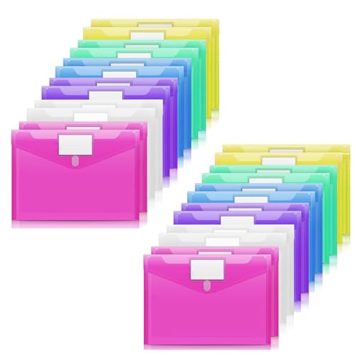 Pochette Document A4,Pochette Classeur 6 Couleurs PVC Transparentes,Pochettes Fermeture vec Rabat Fermeture à Pression et Etiquette,pour Bureau,Voyage, Fournitures(24PCS)