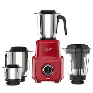 V-Guard Brillio 750 Watt Juicer Mixer Grinder, 3 Years Motor Warranty, 4 Jars(Chutney, Dry, Wet & Juicer), Sturdy Juicer Jar with QuadraFlow Design, PrecisionBlend SS Blades, Mars Red
