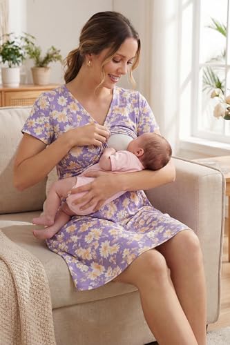 Image of OUGES Maternity Nursing Dress Breastfeeding Short Sleeve V Neck Casual Pregnancy Clothes with Pockets