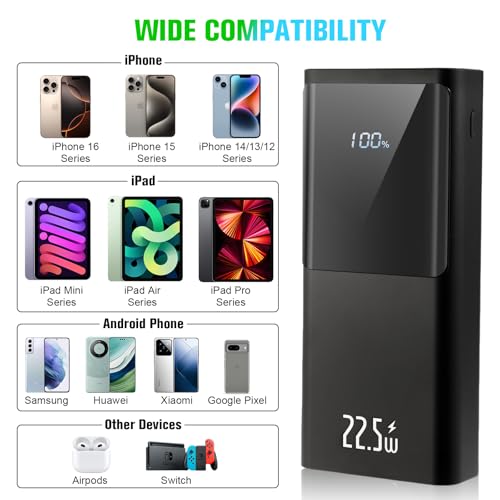 20000mAh Power Bank Portable Charger 22.5W PD Fast Charging USB C 3-Output External Battery Pack with Flashlight Travel Emergency Charger for iPhone 16/15/Pro, Samsung S23/Galaxy, iPad etc Aluminum